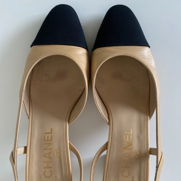 CHANEL Iconic Beige Goatskin & Black Grosgrain Slingbacks - Size 36.5-Authentic - Picture 6 of 16